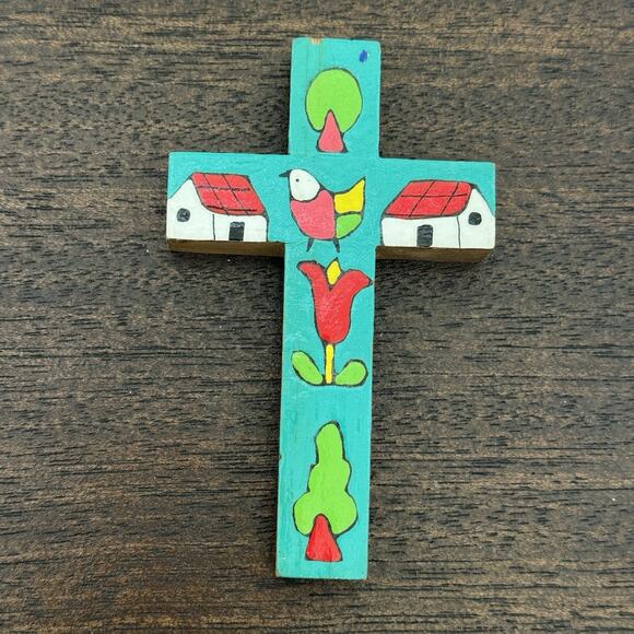 Cross El Salvador Vtg Handmade Turquoise Bird Floral Folk Art Artisan Religious - Picture 1 of 10
